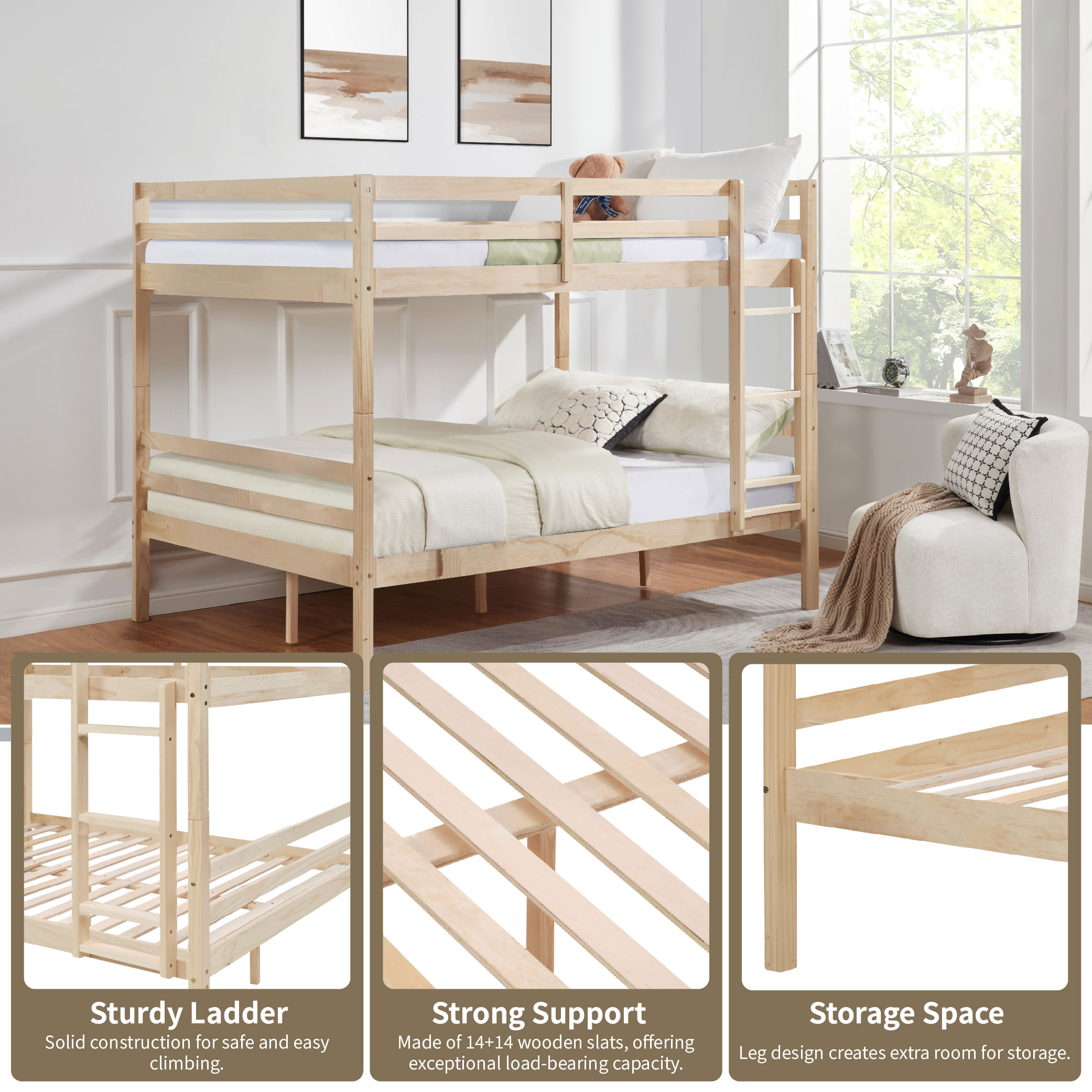 Full over Full Bunk Bed with Ladder,Wooden Bunk Bed with High Guardrail and Ladder for Kids, Teens, Dorm Rooms, and Guest Rooms,No Box Spring Needed,Natural Full over Full Bunk Bed with Ladder,Wooden Bunk Bed with High Guardrail and Ladder for Kids, Teens, Dorm Rooms, and Guest Rooms,No Box Spring Needed,Natural